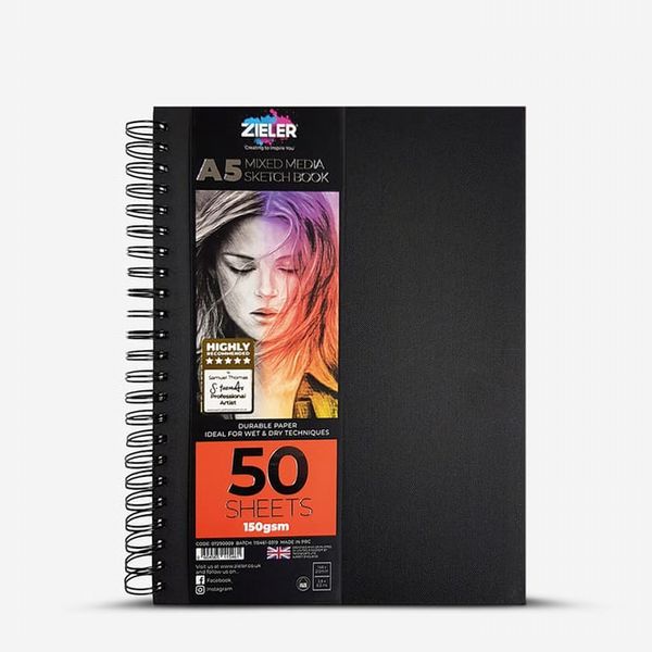  Zieler : Mixed Media Sketchbook : Spiral Bound : 150gsm : 50 Sheets : A5 :...
