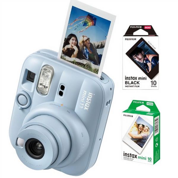 Fujifilm Instax Mini 13 Frost Blue Instant Camera + 20-Pack Film Bundle (Glossy & Black Edge)